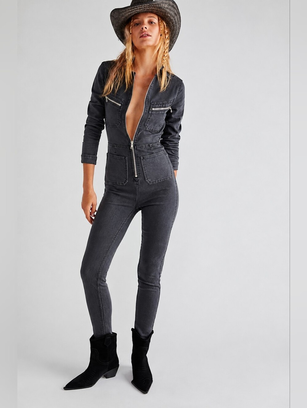 Free People Lennox Black Denim Utility Jumpsuit Size S